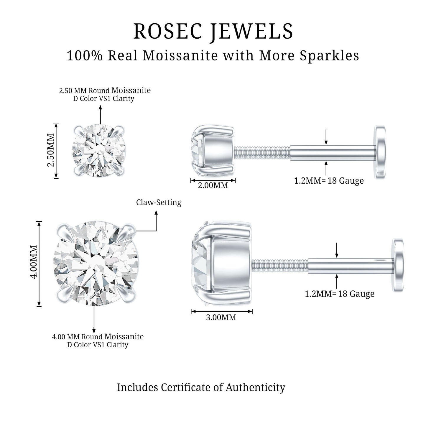 Solitaire Round Cut Moissanite Earring Set for Helix Piercing