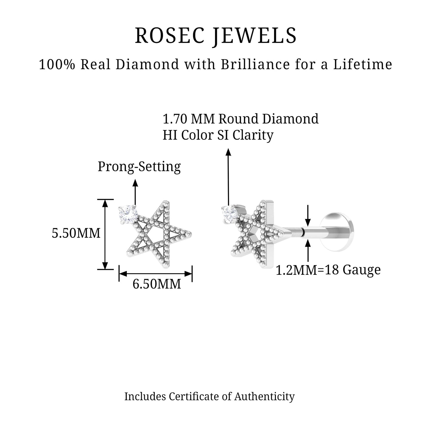 Natural Diamond Star Cartilage Earring with Beaded Detail