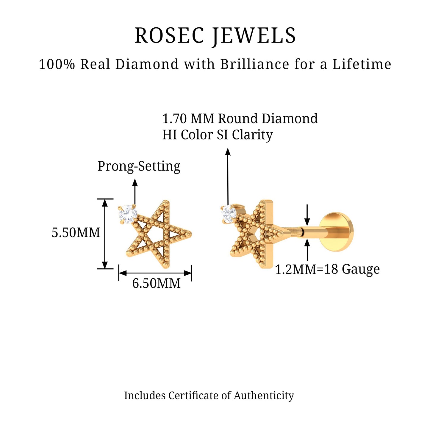 Natural Diamond Star Cartilage Earring with Beaded Detail