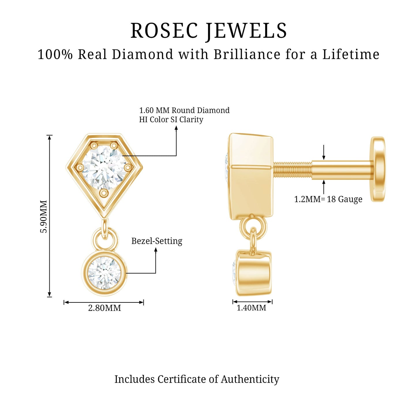Round Cut Natural Diamond Drop Helix Earring