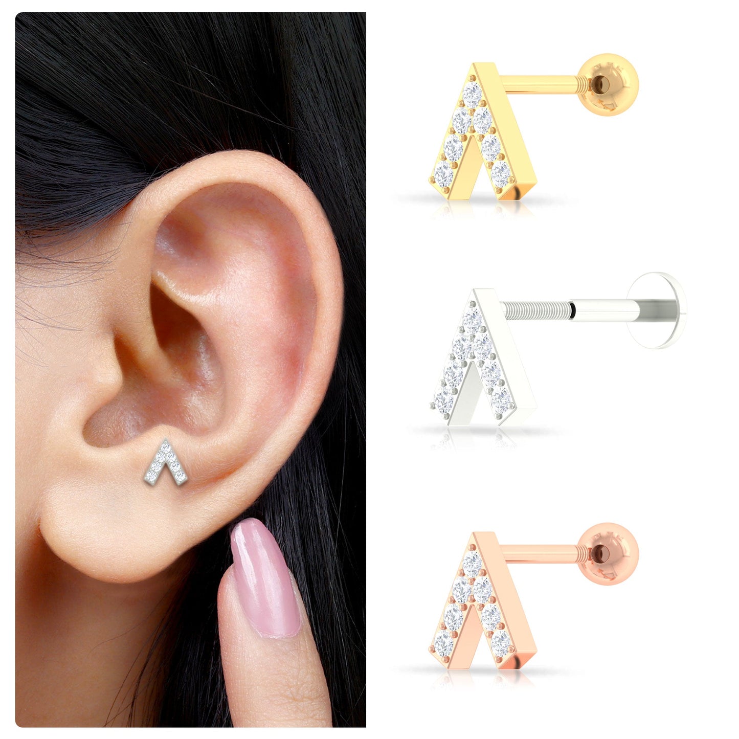 Genuine Diamond V Shape Earring for Tragus Piercing in Gold