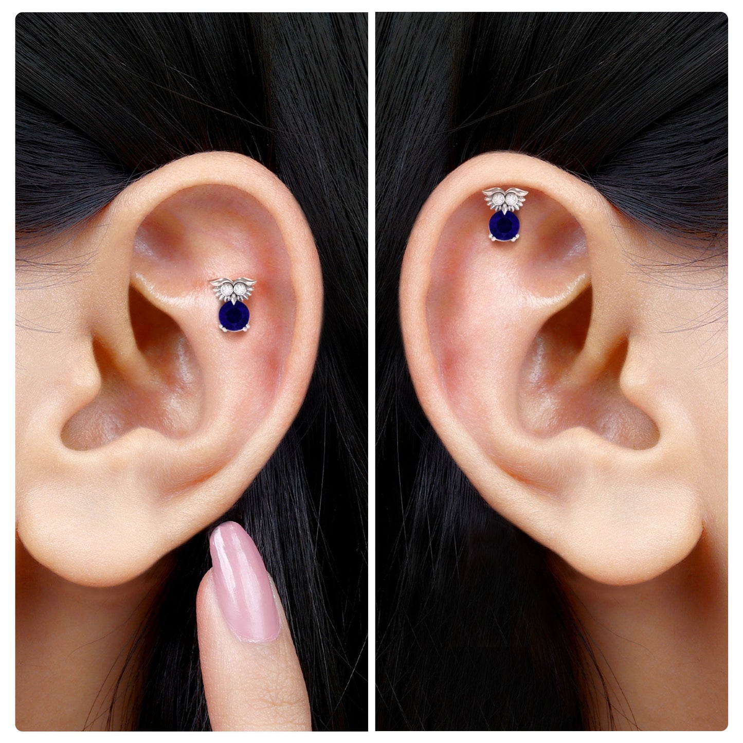 Blue Sapphire and Lab Grown Diamond Owl Helix Earring