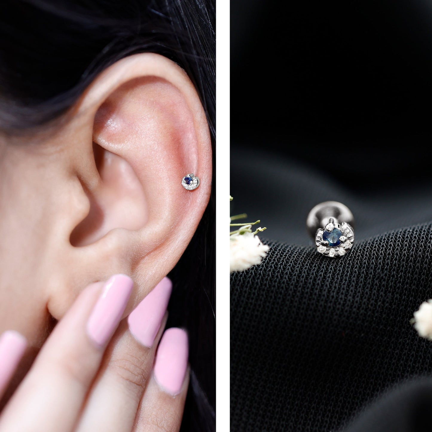 Dainty Blue Sapphire and Diamond Moon Helix Earring