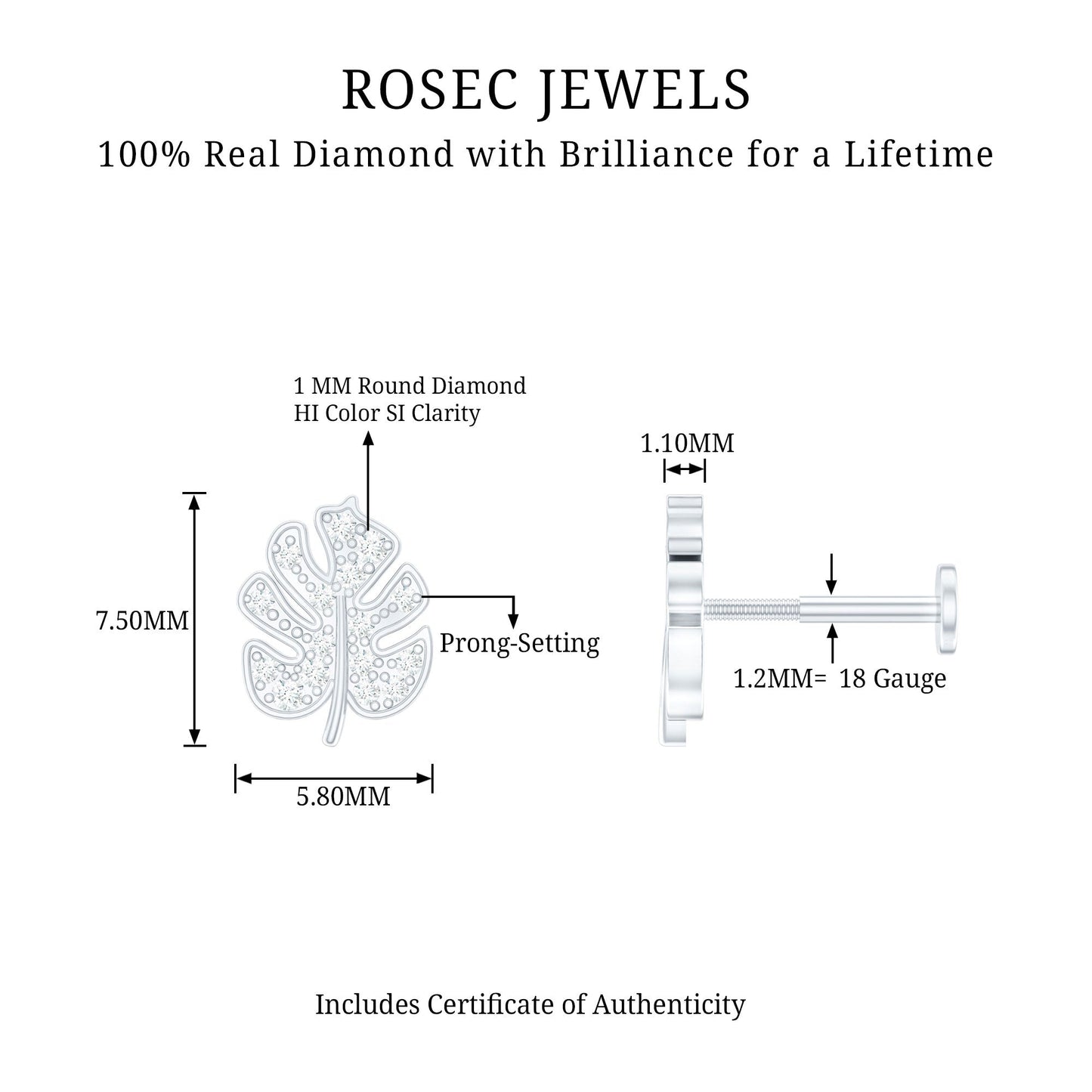Diamond Leaf Earring for Cartilage Piercing