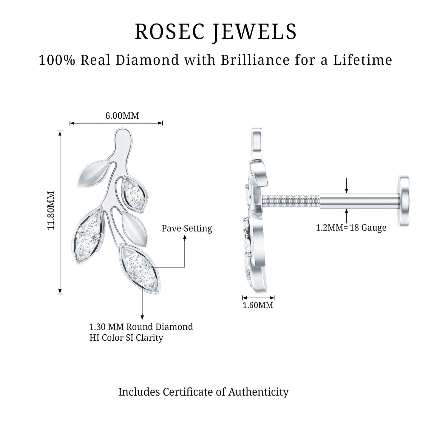 Diamond Vine Leaf Earring for Helix Piercing