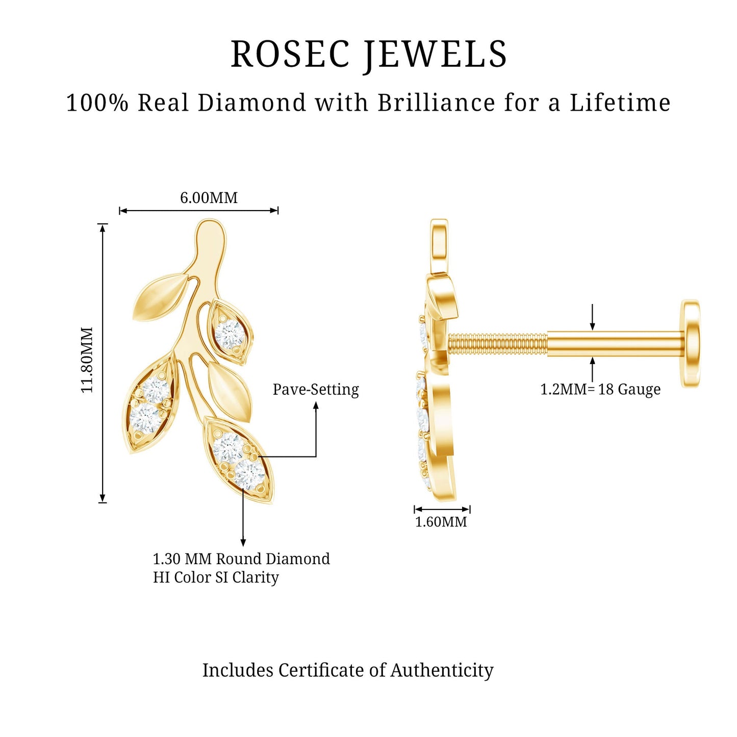 Diamond Vine Leaf Earring for Helix Piercing