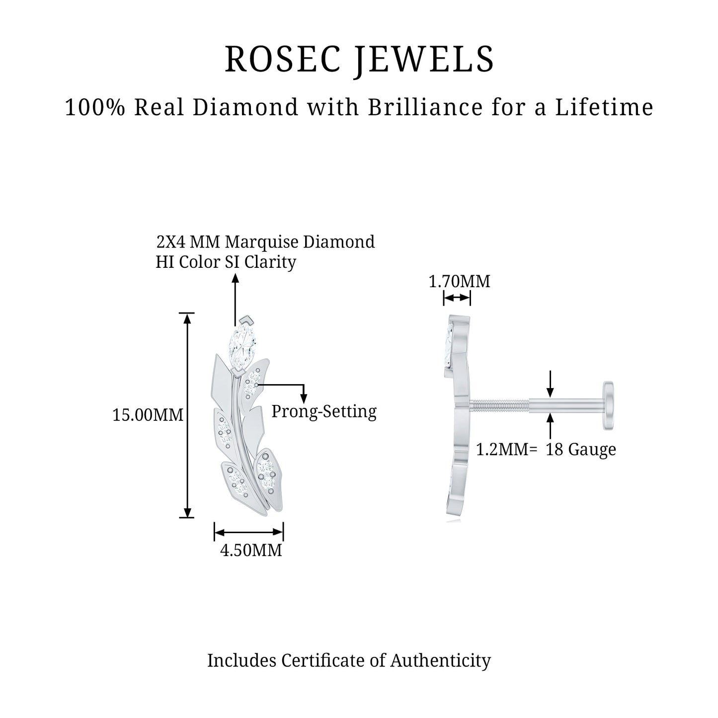 Diamond Leaf Crawler Earring for Helix Piercing