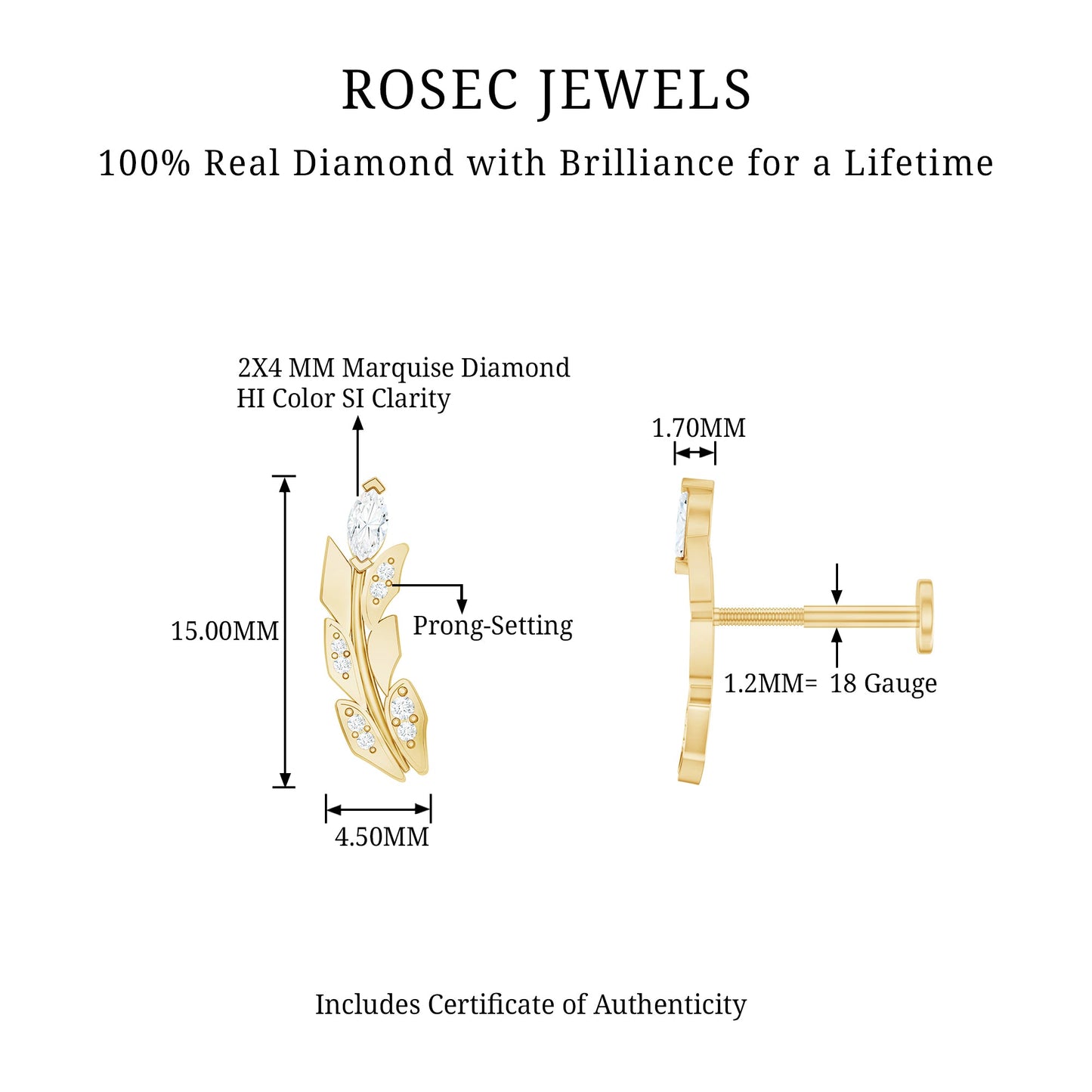 Diamond Leaf Crawler Earring for Helix Piercing