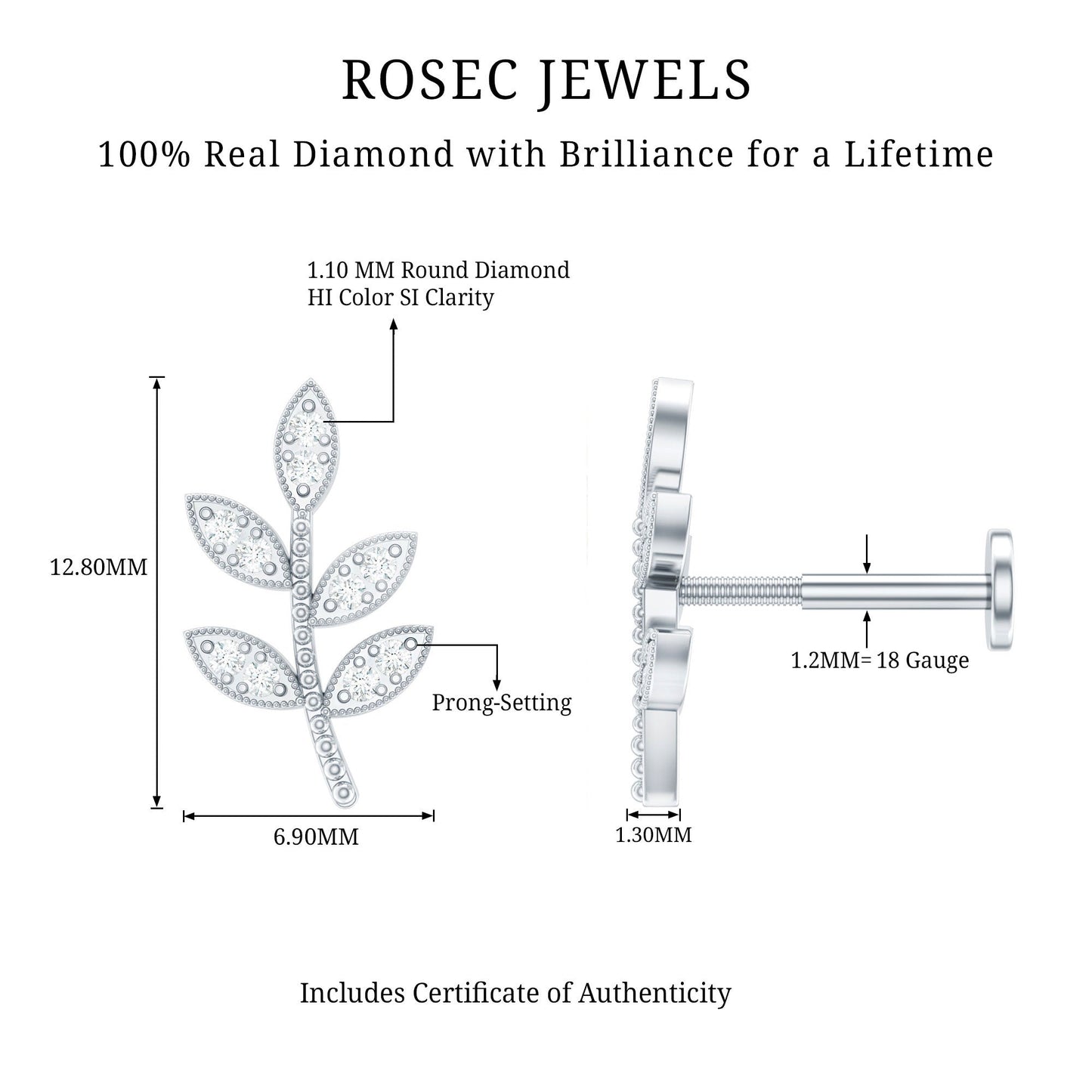 Diamond Leaf Earring for Helix Piercing