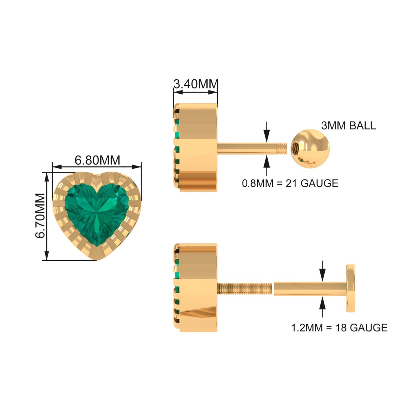 Natural Emerald Heart Earring for Helix Piercing