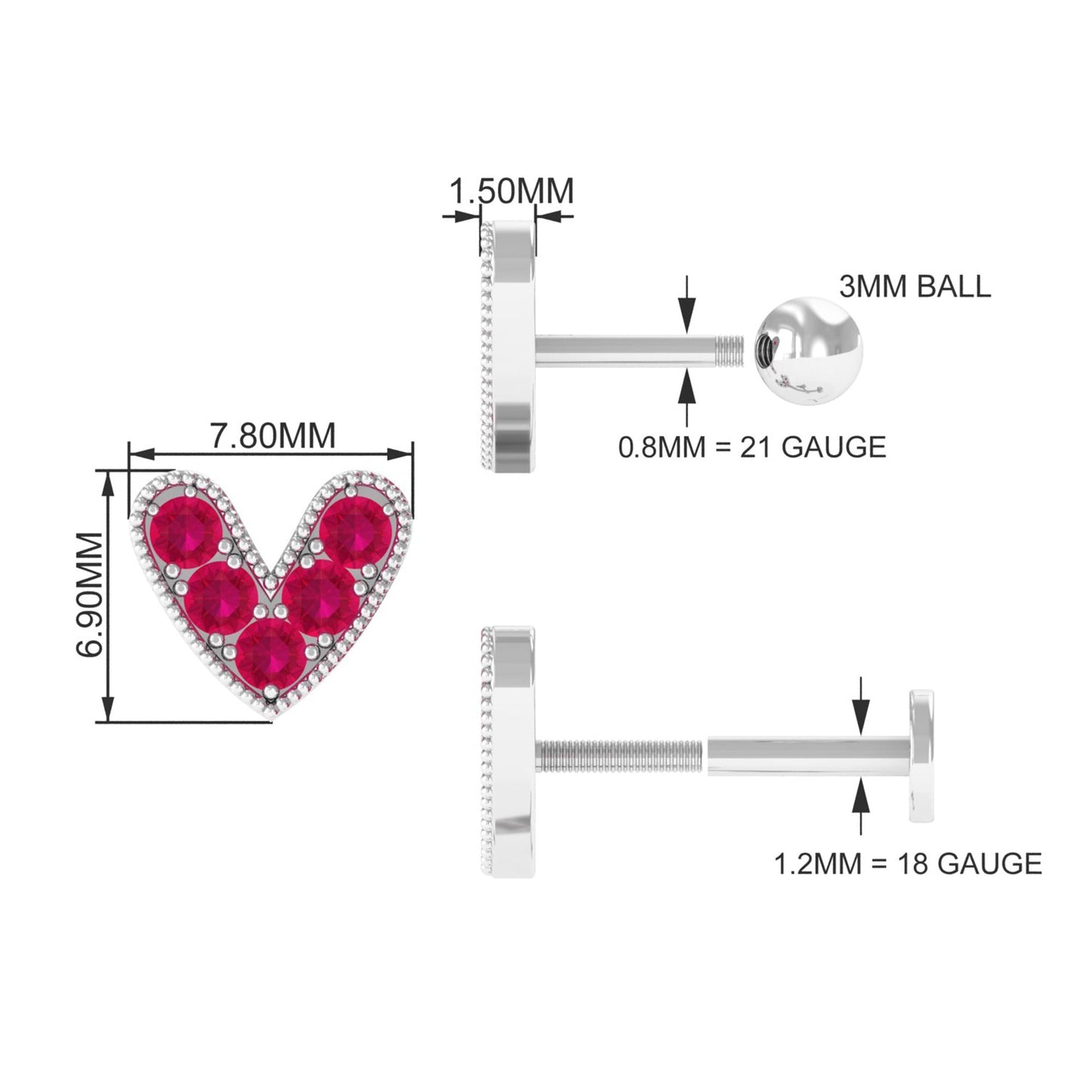 Natural Ruby Heart Earring for Helix Piercing
