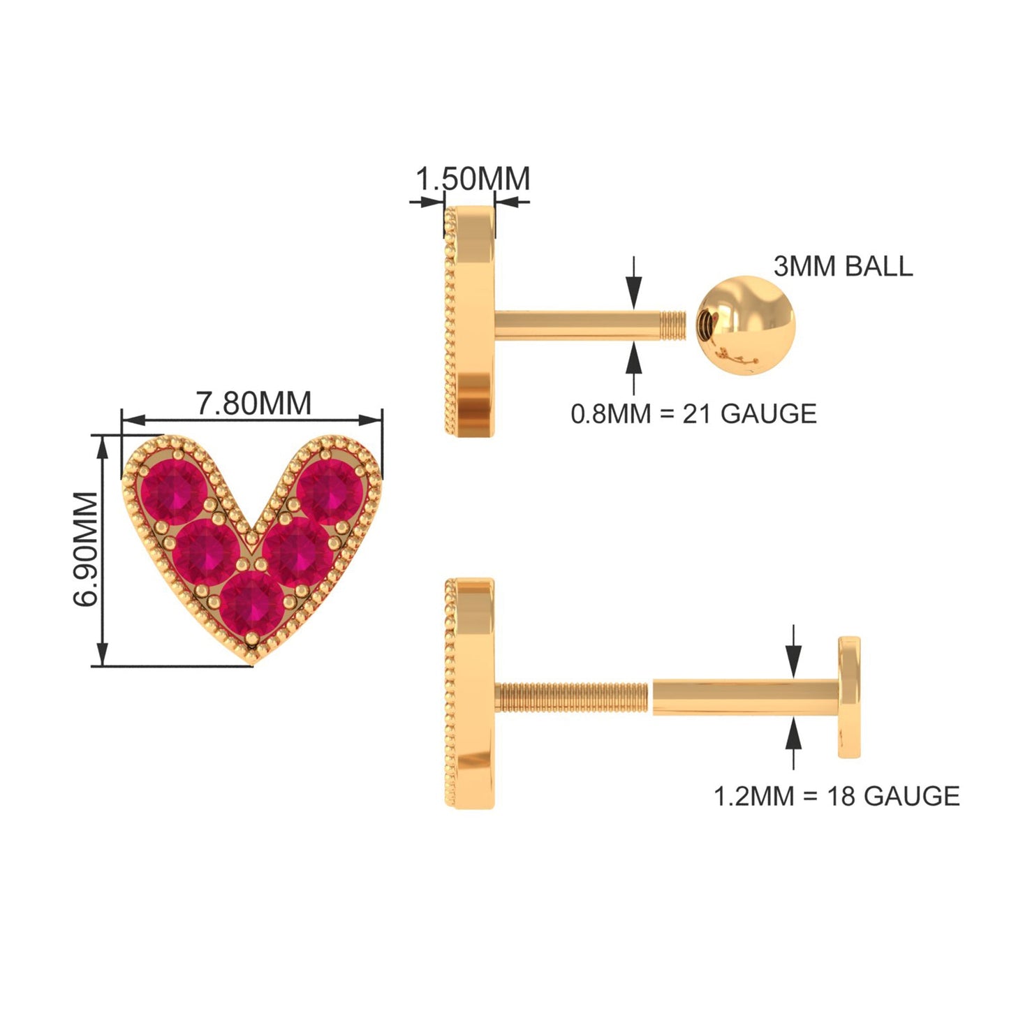 Natural Ruby Heart Earring for Helix Piercing