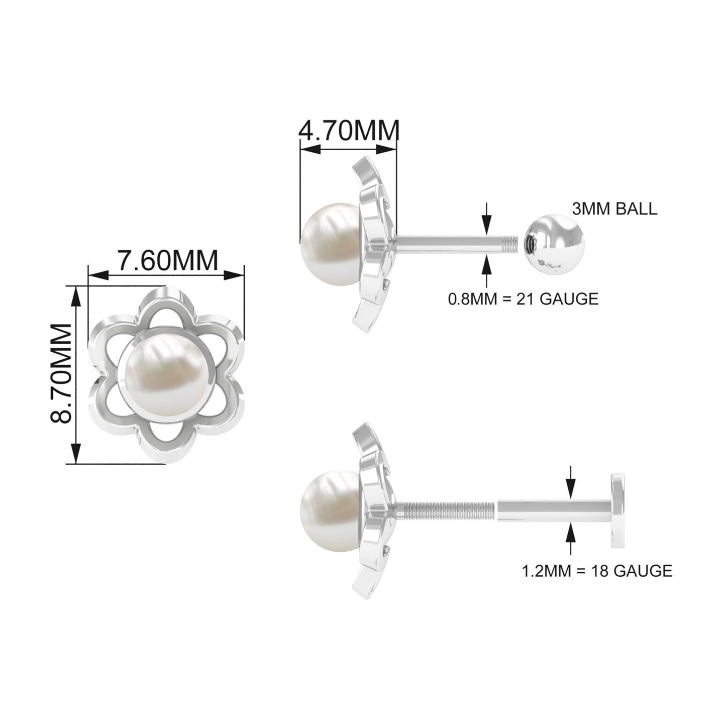 Freshwater Pearl Flower Earring for Upper Lobe Piercing