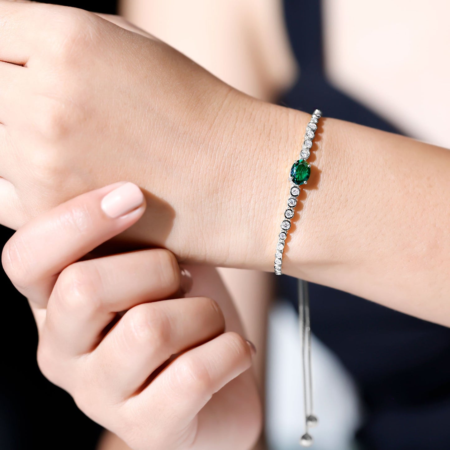 Certified 1.2 Carat Oval Lab Grown Emerald Bolo Bracelet with Diamond