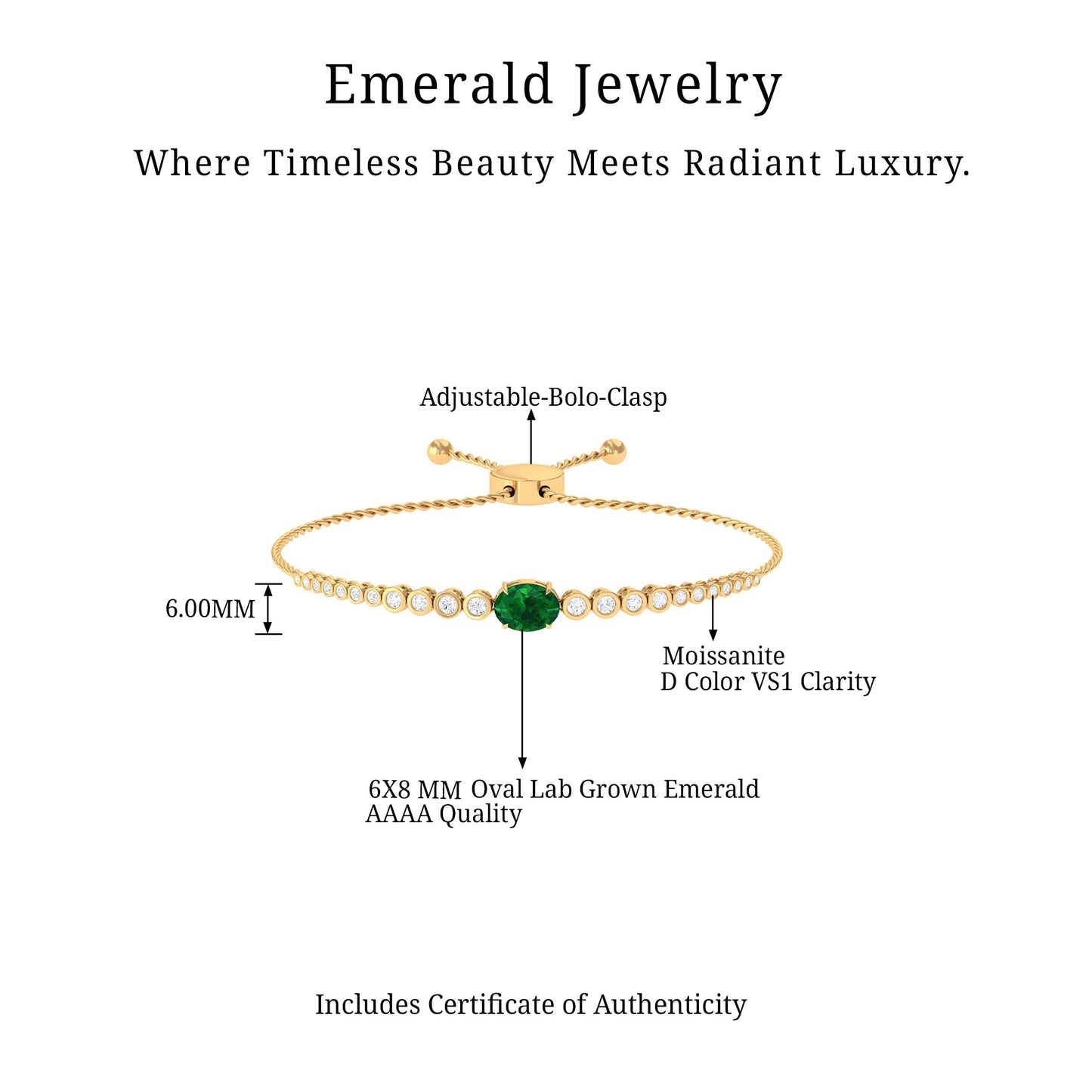 Certified 1.2 Carat Oval Lab Grown Emerald Bolo Bracelet with Diamond