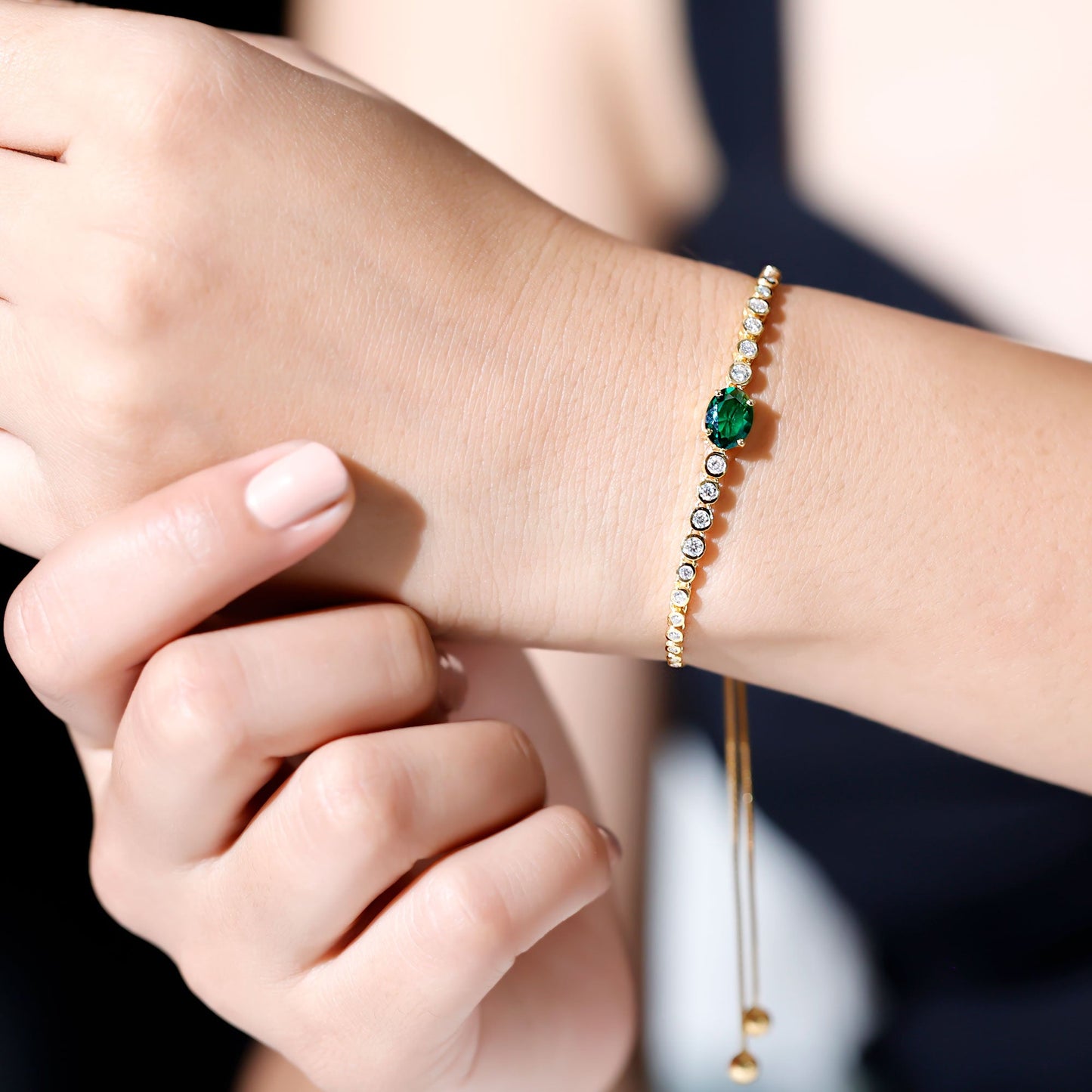 Certified 1.2 Carat Oval Lab Grown Emerald Bolo Bracelet with Diamond