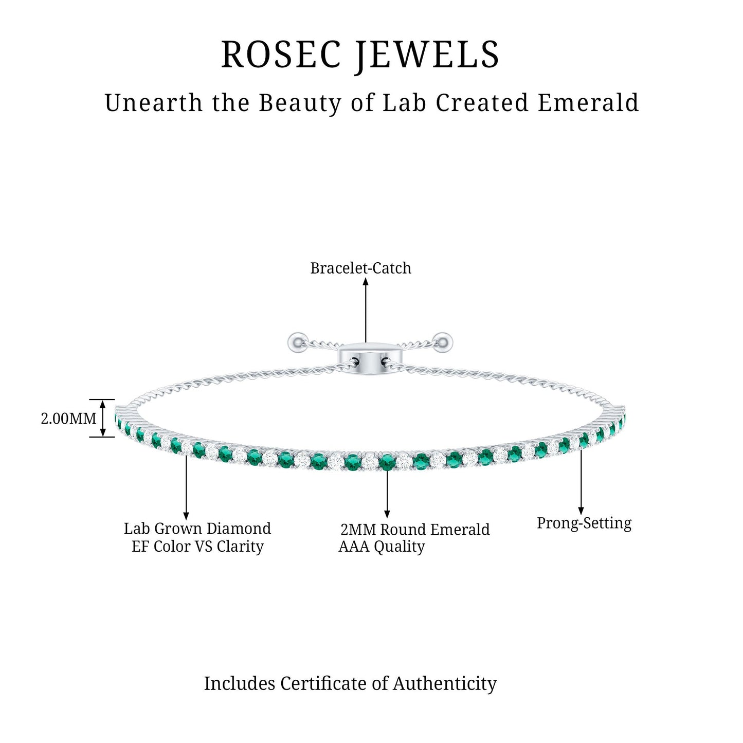 Certified Lab Grown Diamond and Emerald Bolo Bracelet For Wedding