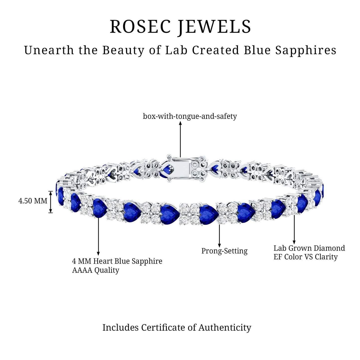 Heart Shape Lab Grown Blue Sapphire and Diamond Tennis Bracelet
