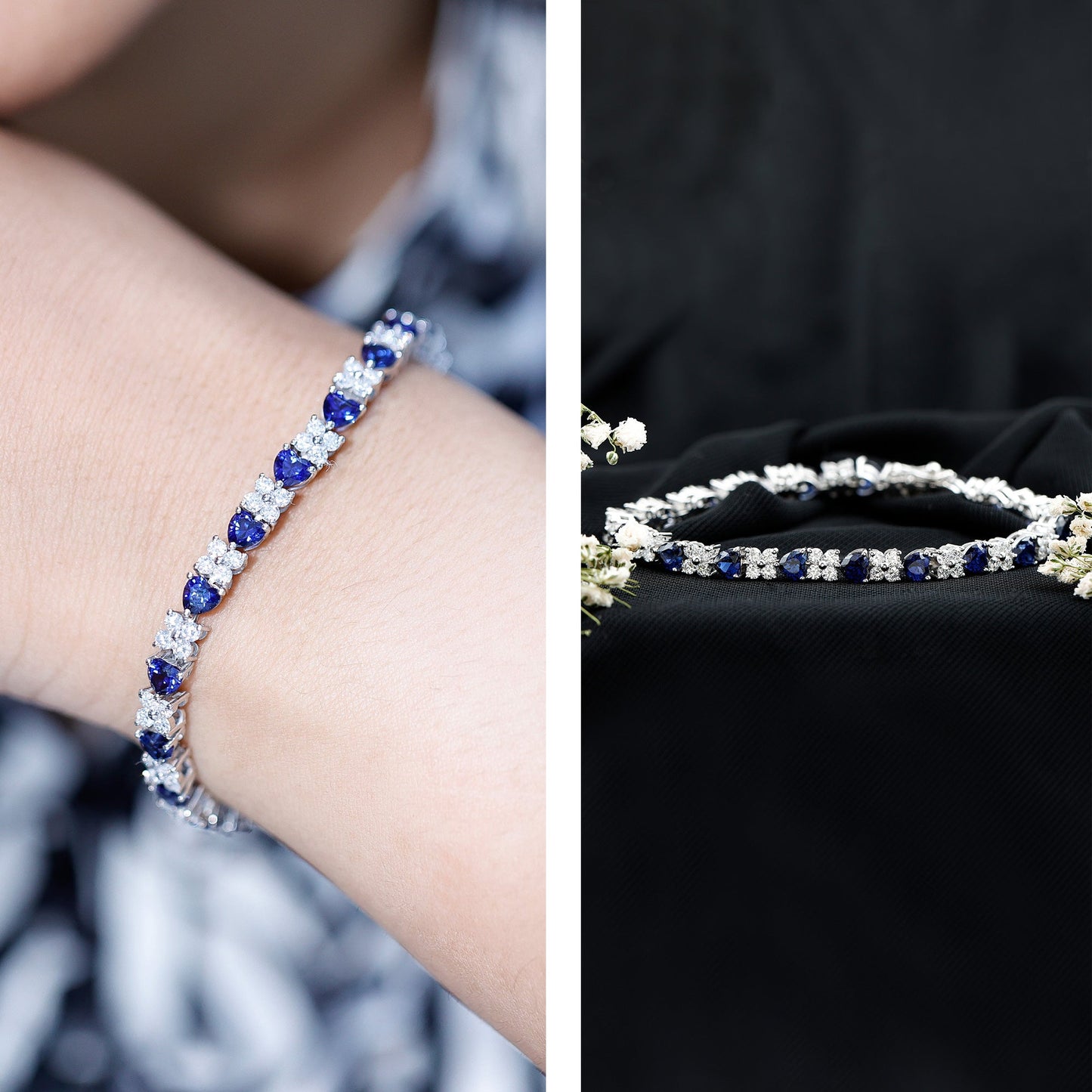 Heart Shape Lab Grown Blue Sapphire and Diamond Tennis Bracelet