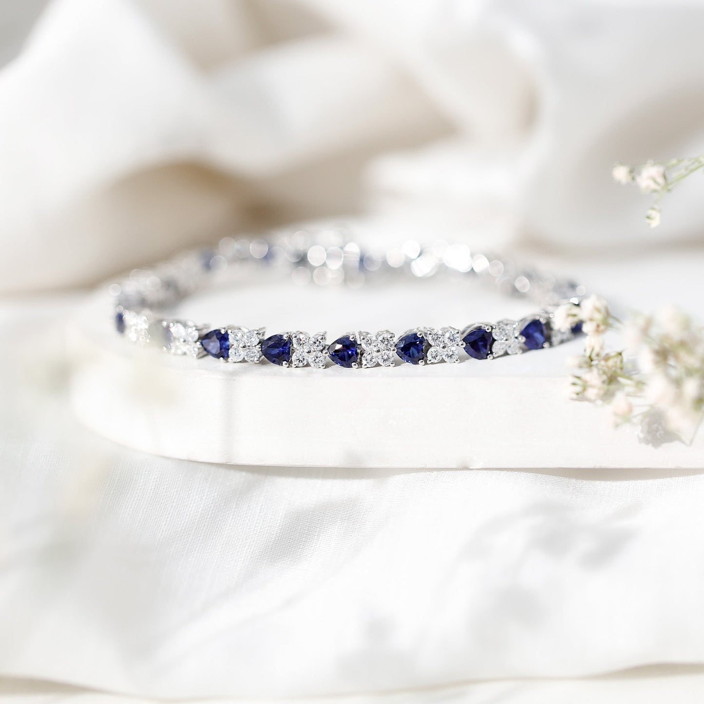 Heart Shape Lab Grown Blue Sapphire and Diamond Tennis Bracelet