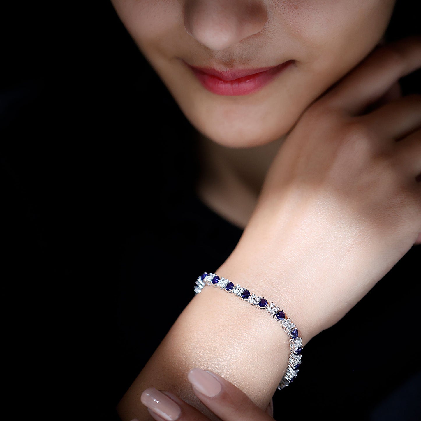 Heart Shape Lab Grown Blue Sapphire and Diamond Tennis Bracelet