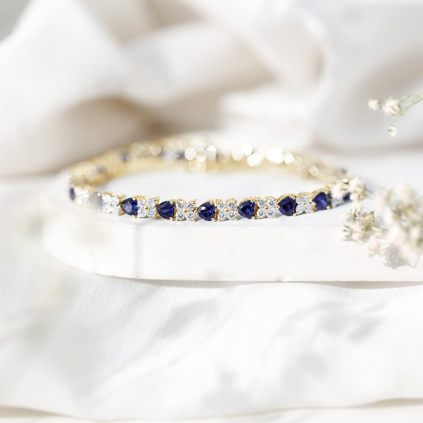 Heart Shape Lab Grown Blue Sapphire and Diamond Tennis Bracelet