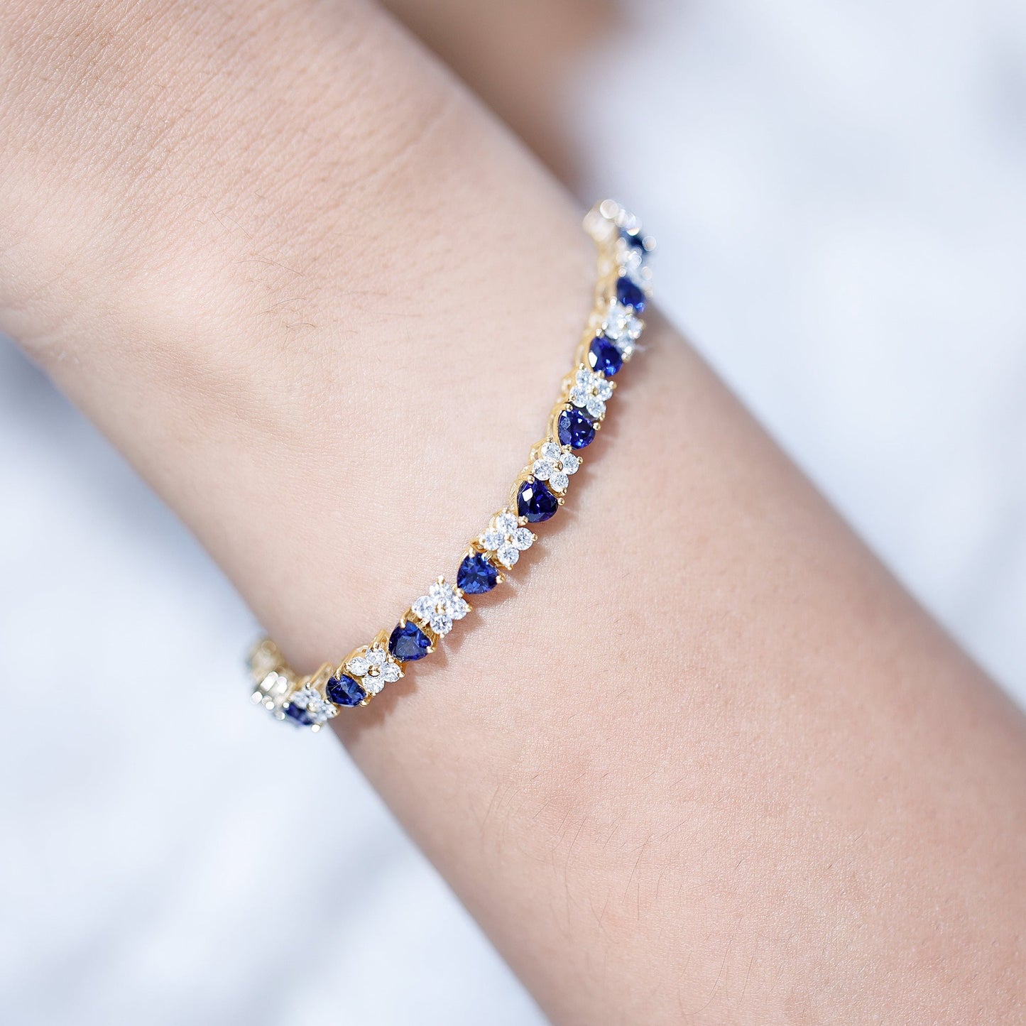 Heart Shape Lab Grown Blue Sapphire and Diamond Tennis Bracelet