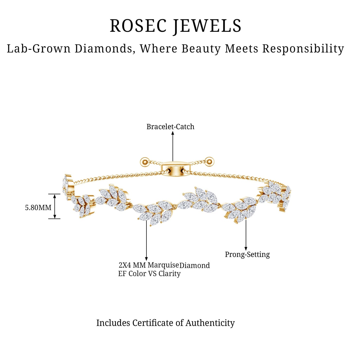 Certified Lab Grown Diamond Leaf Bolo Bracelet Adjustable