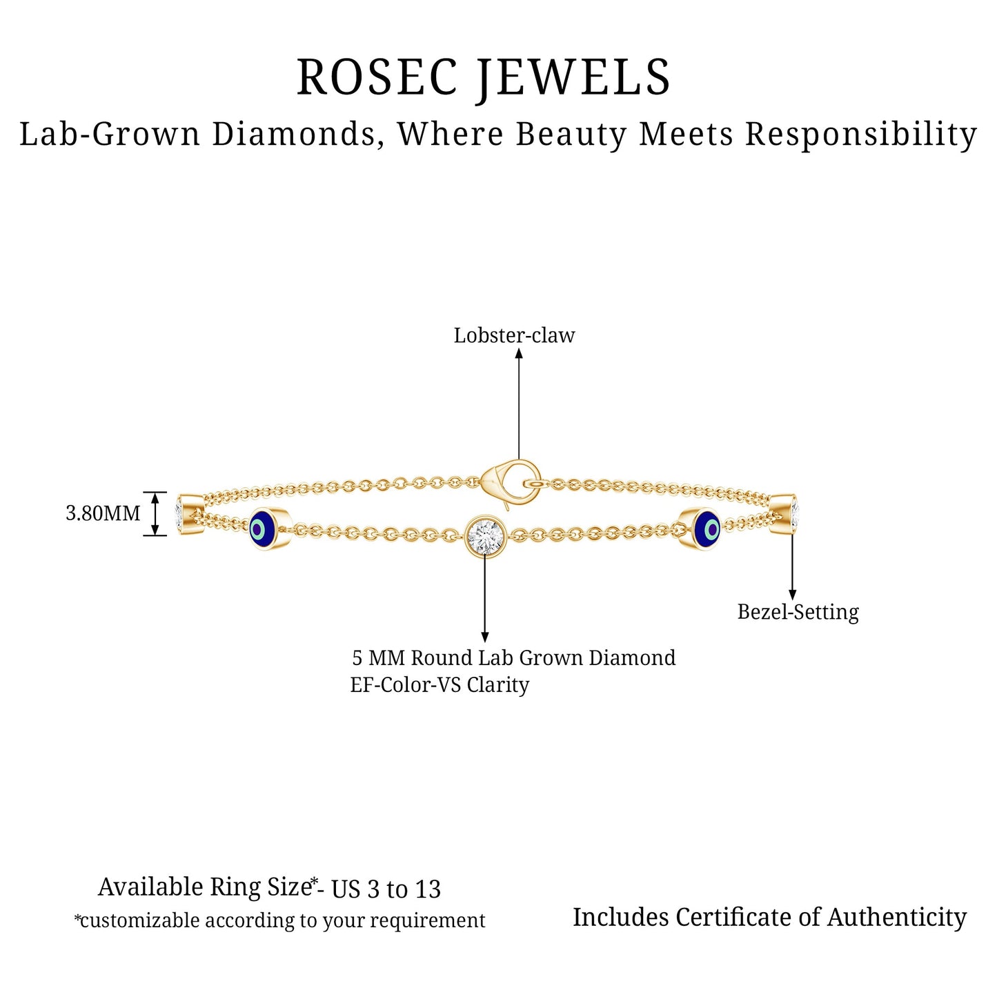 Lab Grown Bezel Set Diamond Evil Eye Bracelet