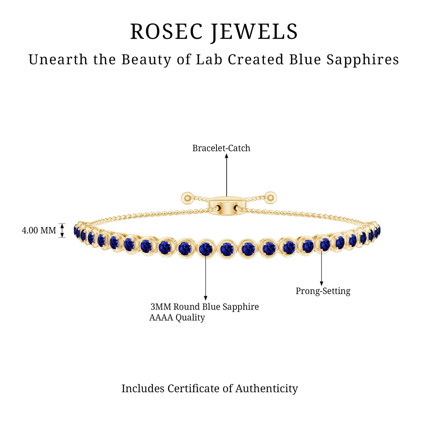 Lab Grown Blue Sapphire Tennis Bolo Bracelet with Rope Chain