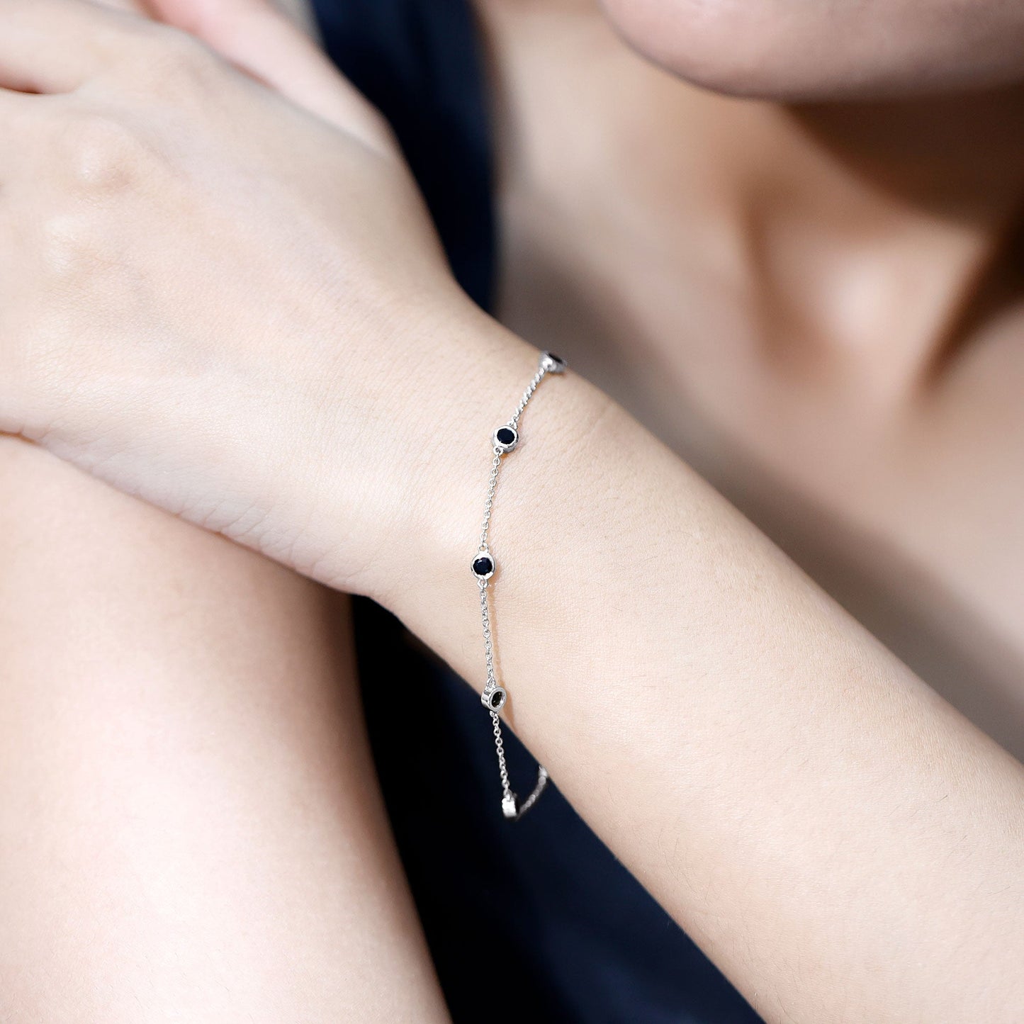 Bezel Set Black Onyx Seven Stone Station Chain Bracelet