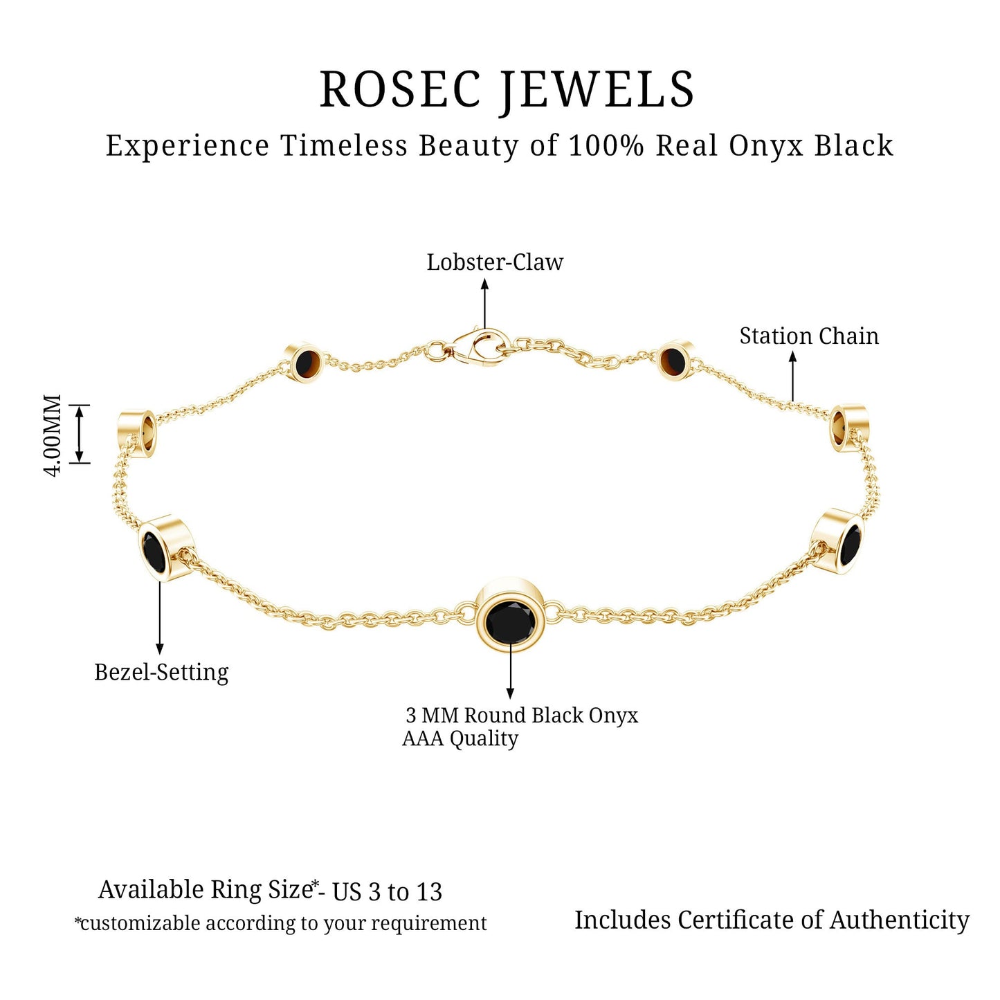 Bezel Set Black Onyx Seven Stone Station Chain Bracelet