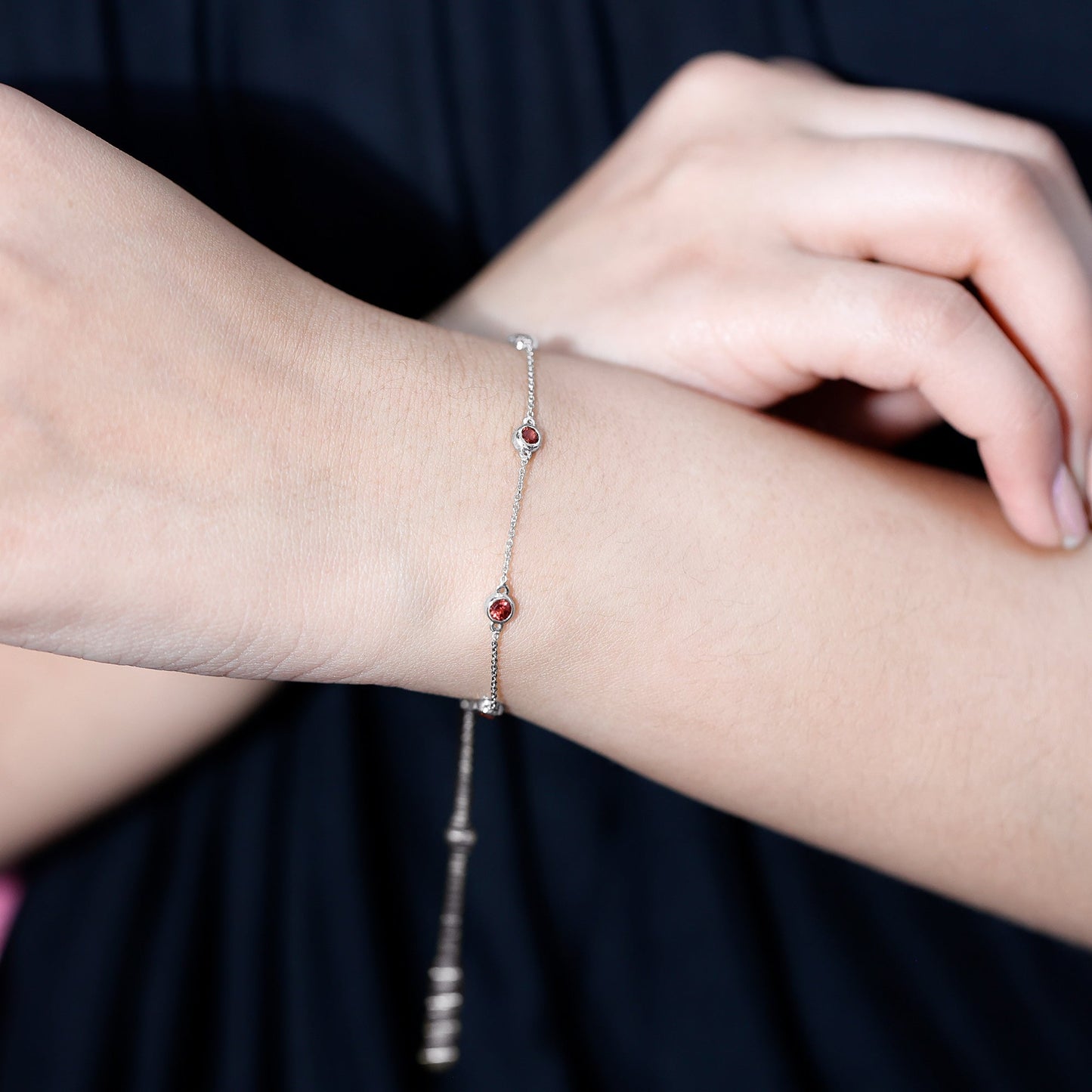 Bezel Set Garnet Seven Stone Station Chain Bracelet