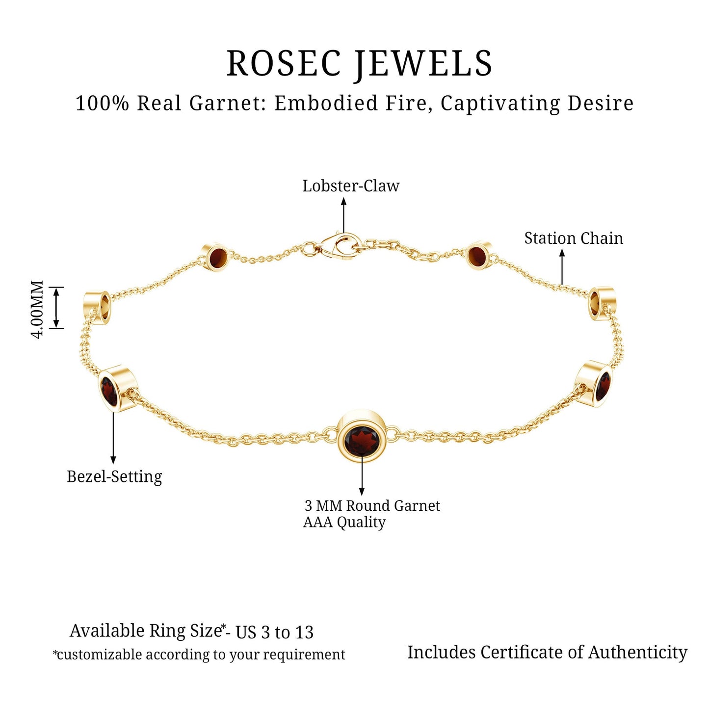 Bezel Set Garnet Seven Stone Station Chain Bracelet