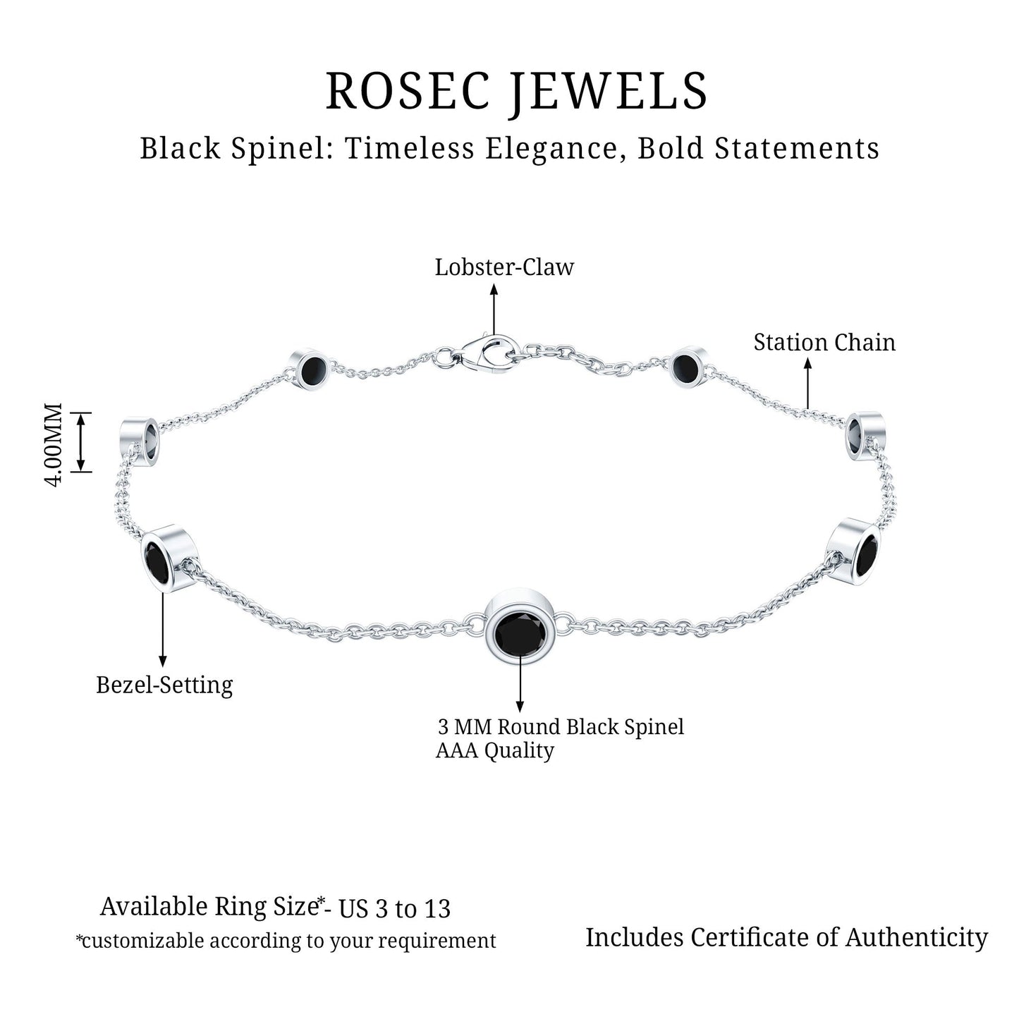 Natural Black Spinel 7 Stone Station Chain Bracelet