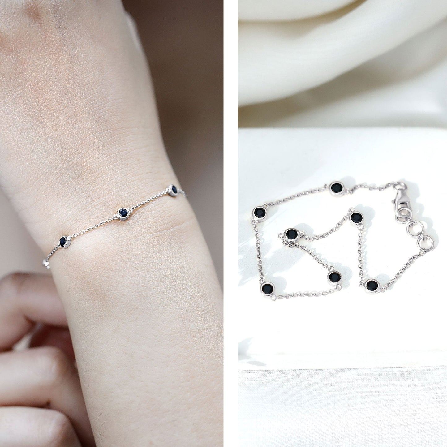 Natural Black Spinel 7 Stone Station Chain Bracelet