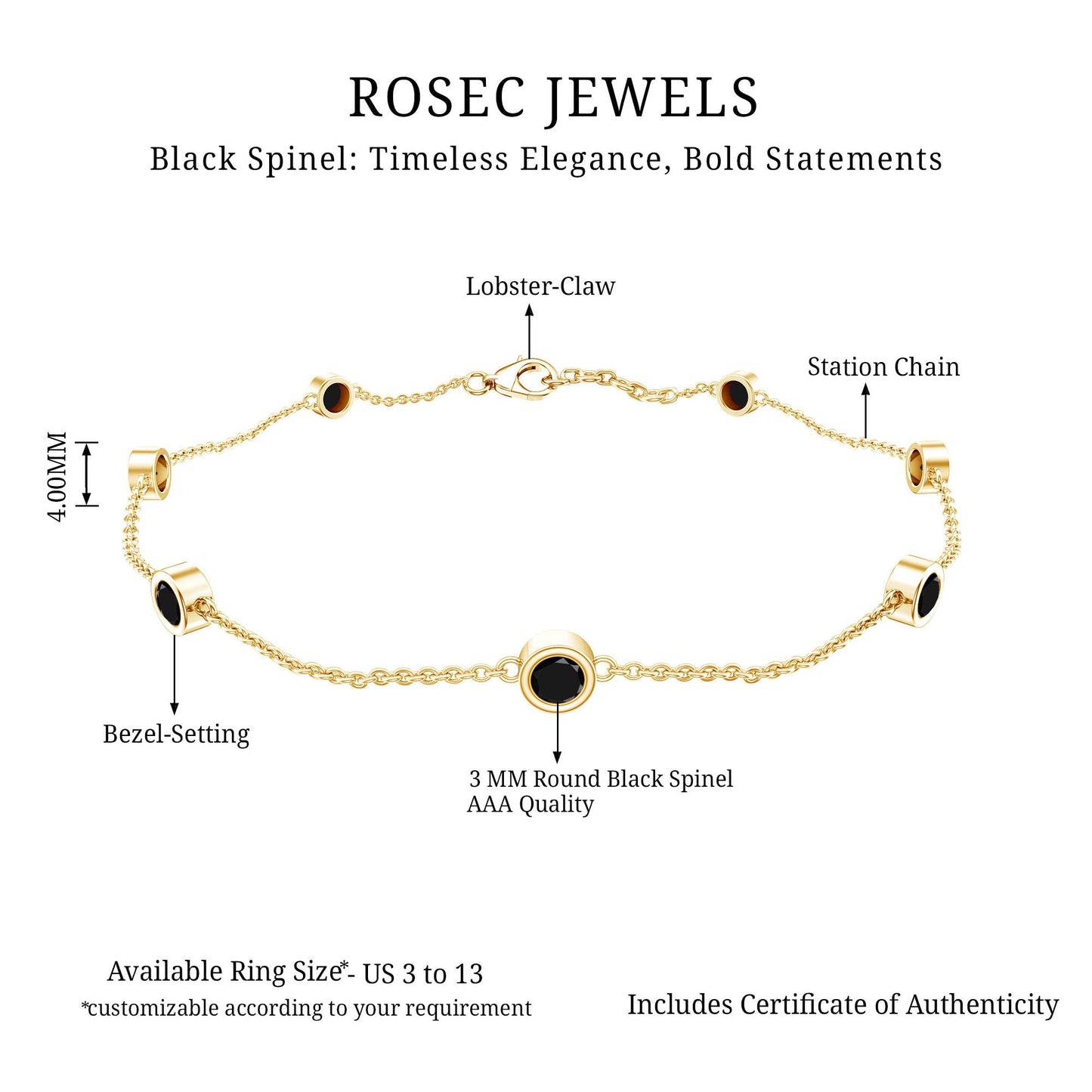 Natural Black Spinel 7 Stone Station Chain Bracelet
