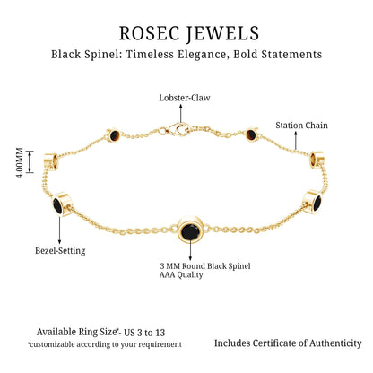 Natural Black Spinel 7 Stone Station Chain Bracelet