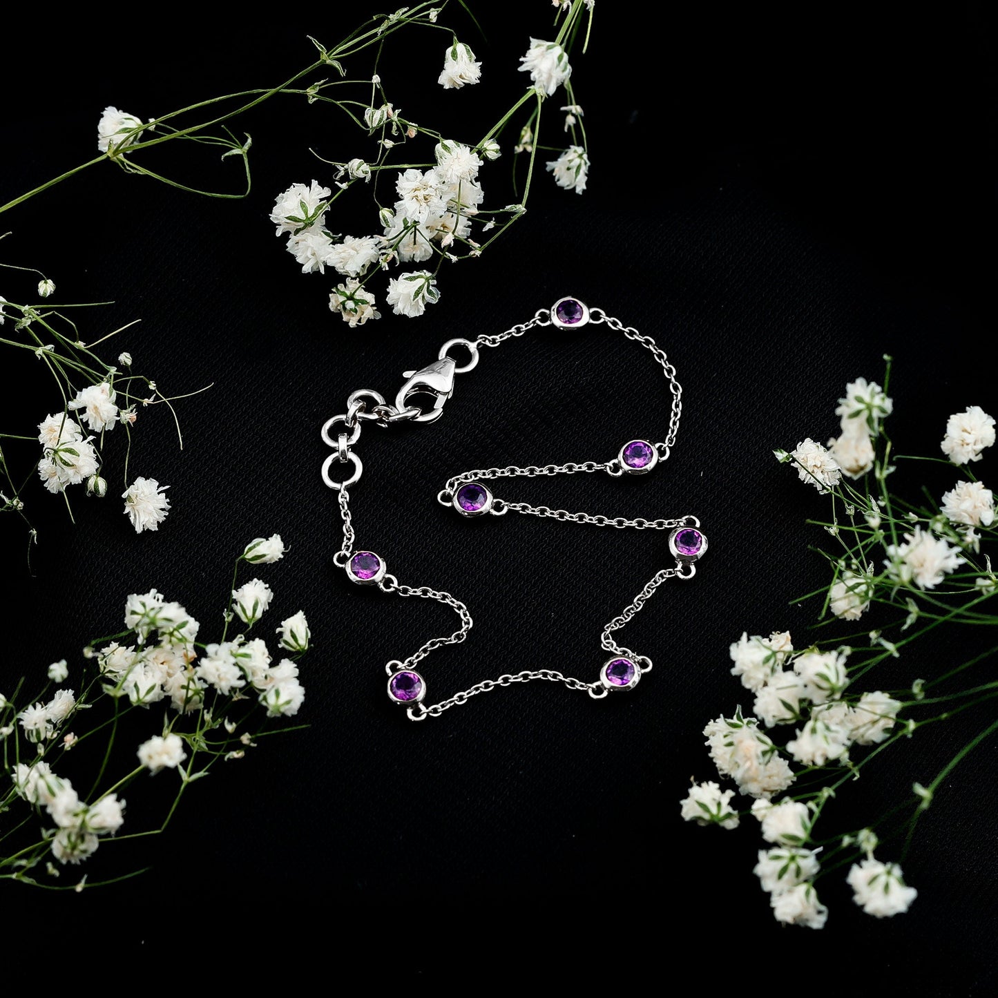 Real Amethyst Chain Bracelet in Bezel Setting