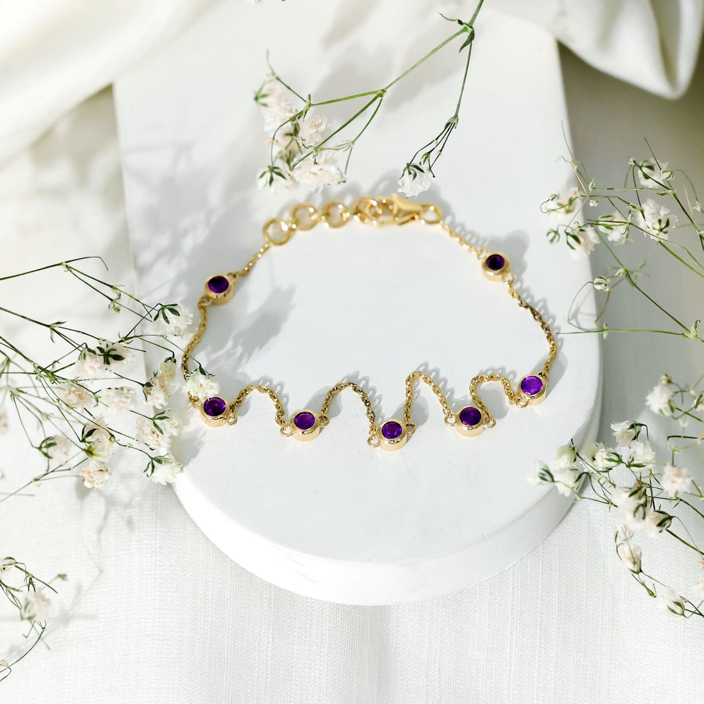 Real Amethyst Chain Bracelet in Bezel Setting
