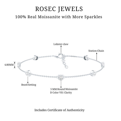 Round Cut Certified Moissanite Chain Bracelet in Bezel Setting