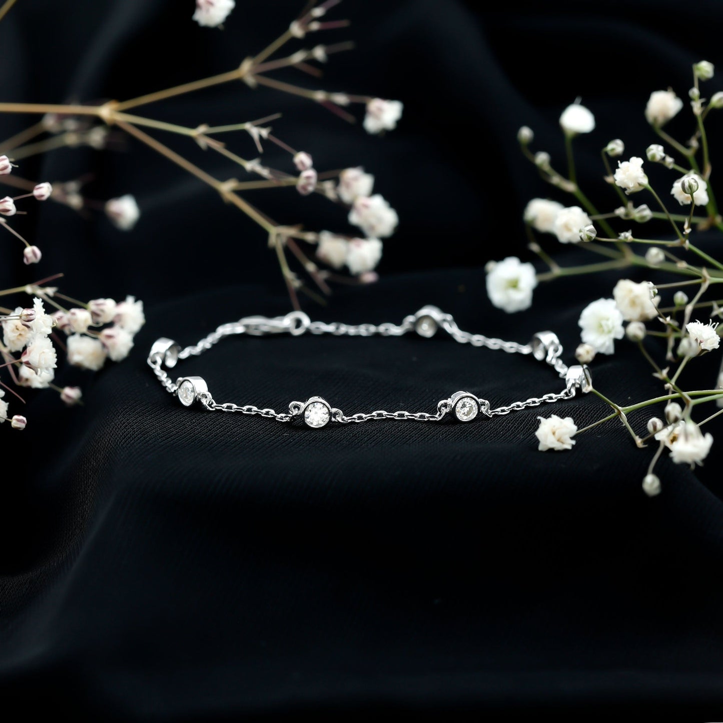 Bezel Set Moissanite Station Bracelet in Silver for Women