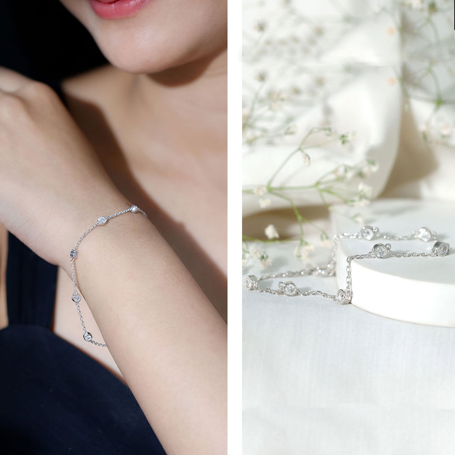 Bezel Set Moissanite Station Bracelet in Silver for Women