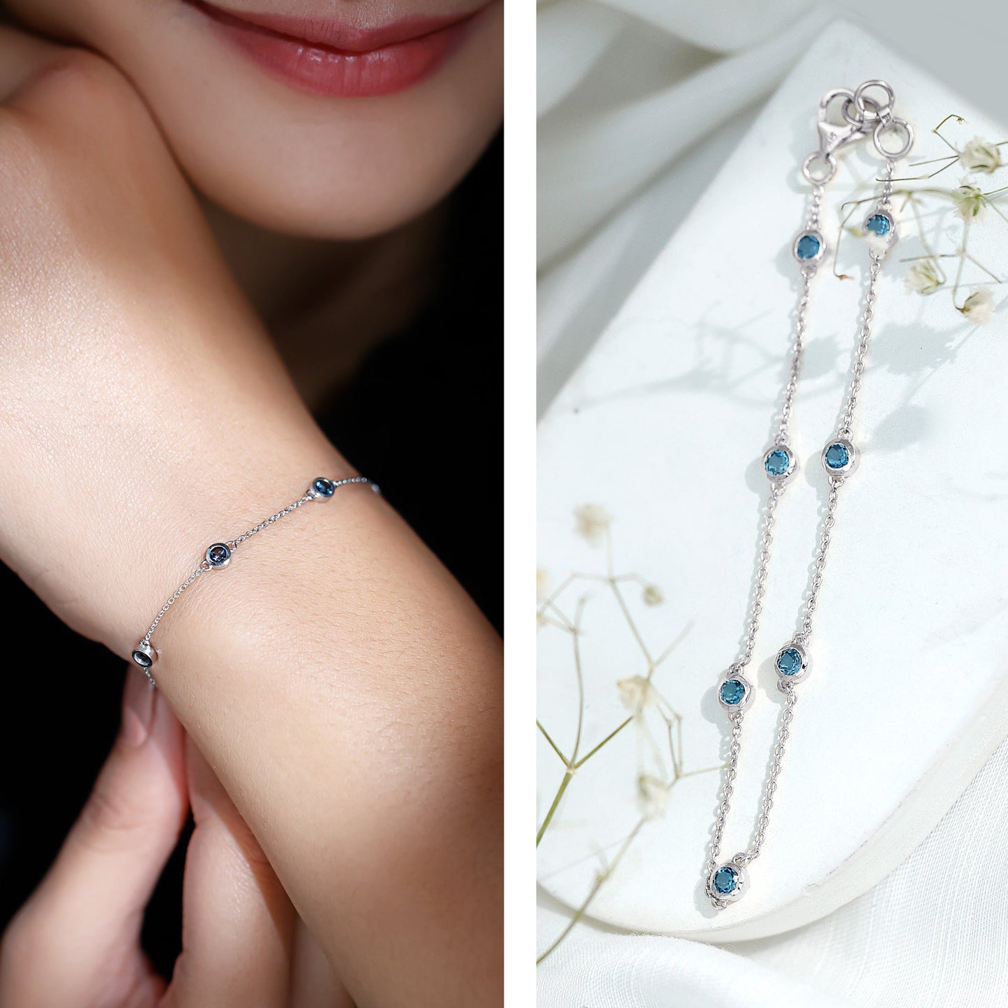 Bezel Set London Blue Topaz Station Chain Bracelet