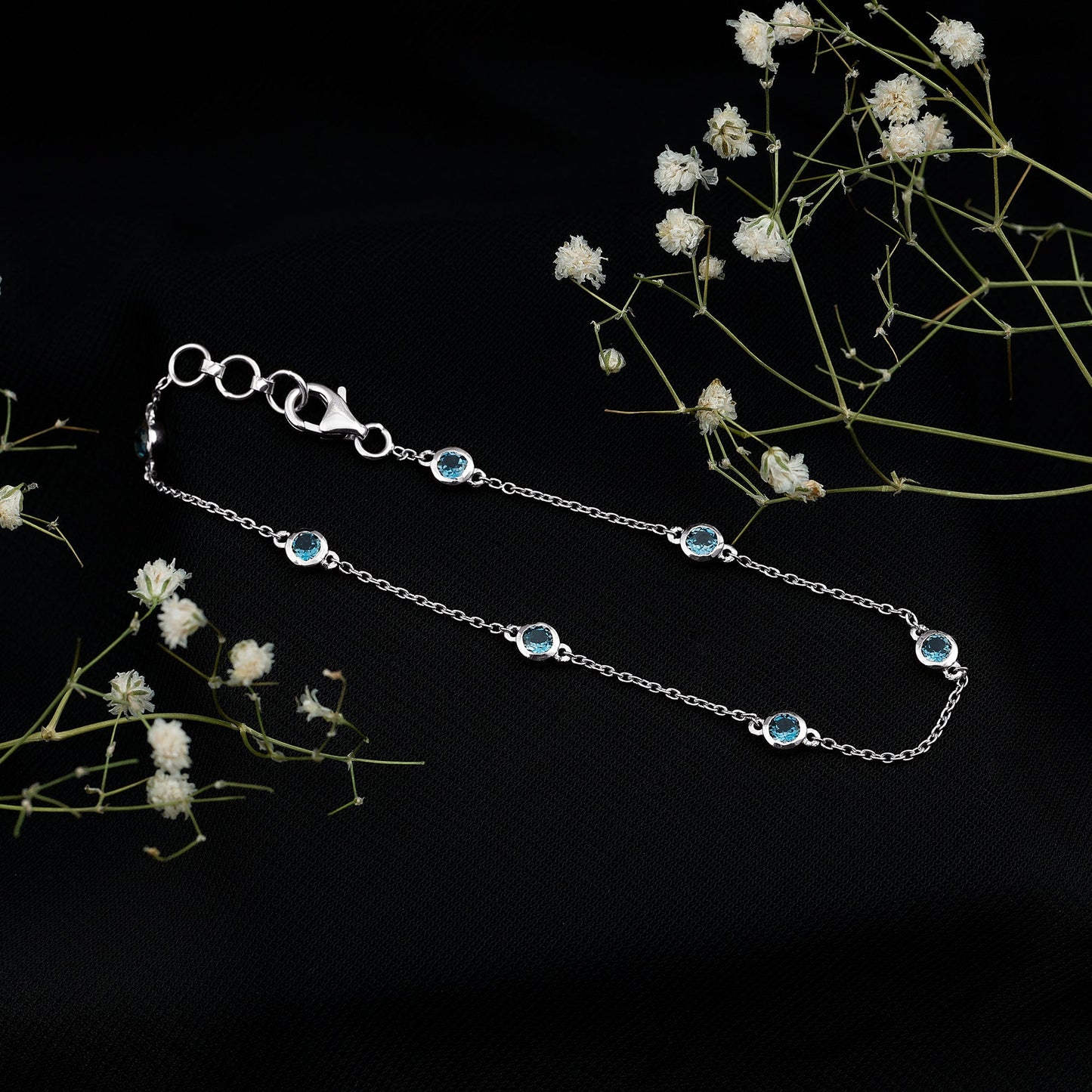 Bezel Set London Blue Topaz Station Chain Bracelet