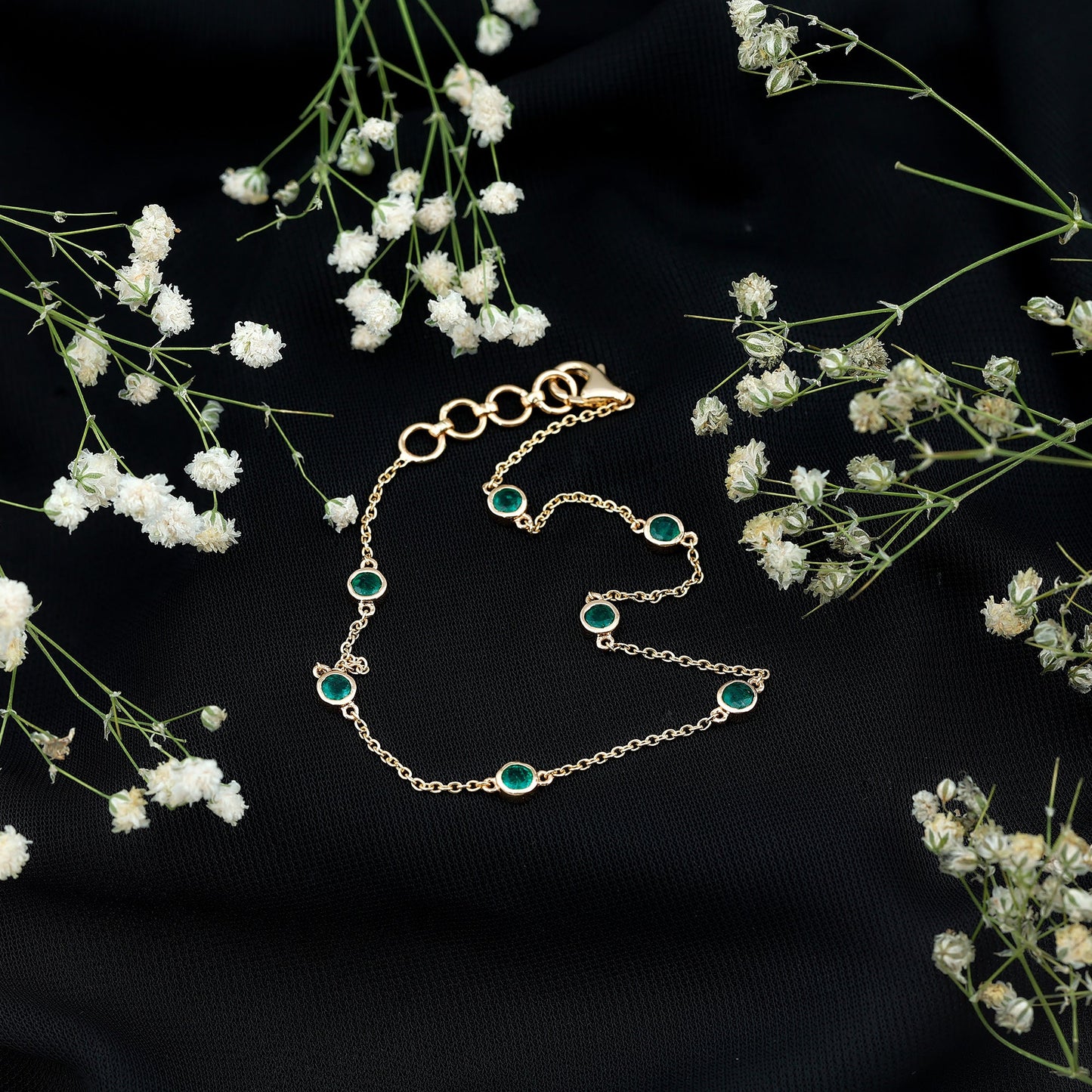 Bezel Set Emerald Station Chain Bracelet for Her