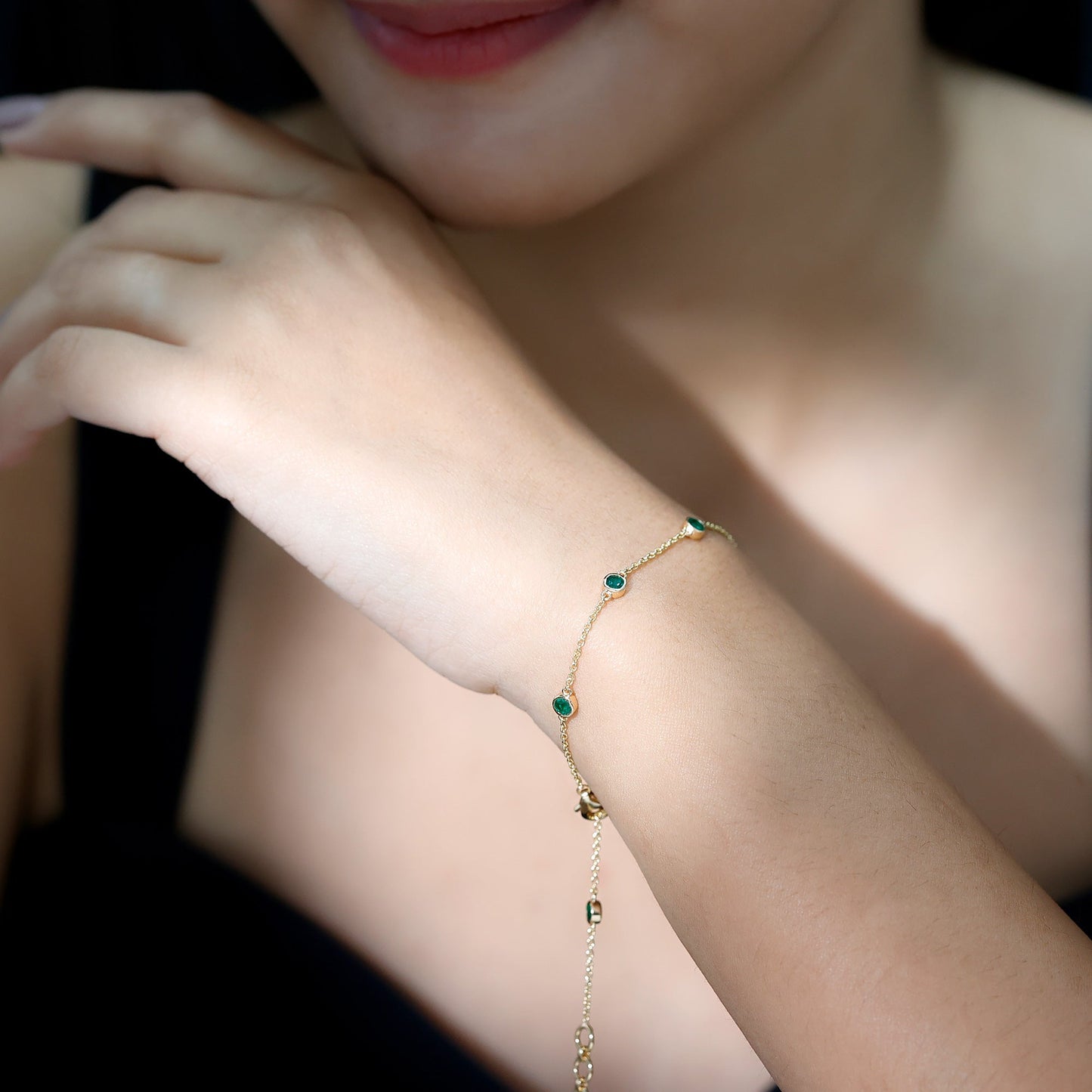 Bezel Set Emerald Station Chain Bracelet for Her