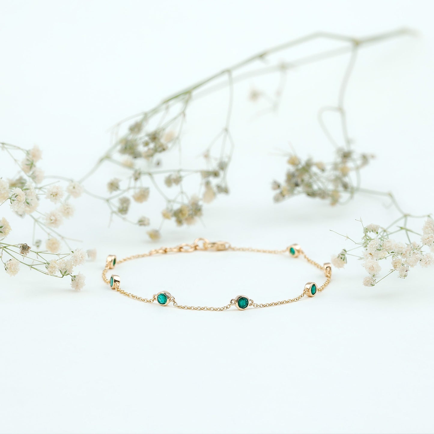 Bezel Set Emerald Station Chain Bracelet for Her