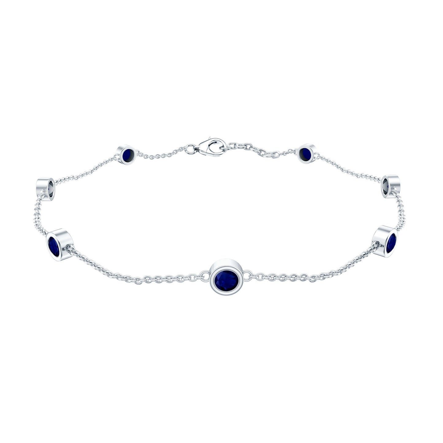 Natural Blue Sapphire 7 Stone Station Chain Bracelet