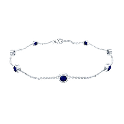 Natural Blue Sapphire 7 Stone Station Chain Bracelet